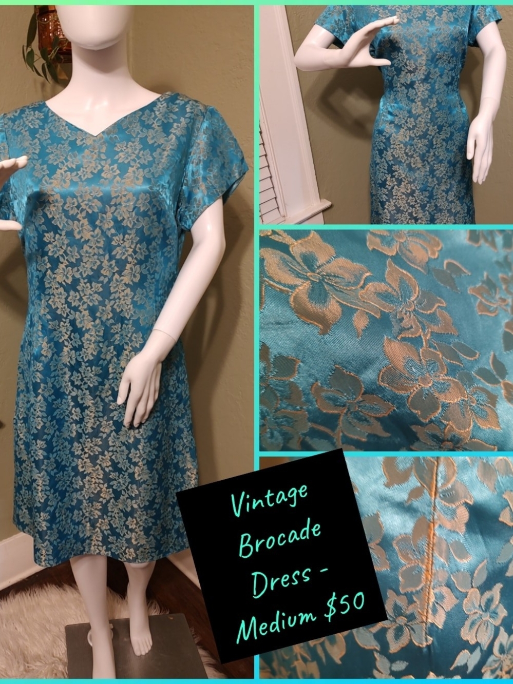 Vintage Teal Floral Brocade Dress - Teal